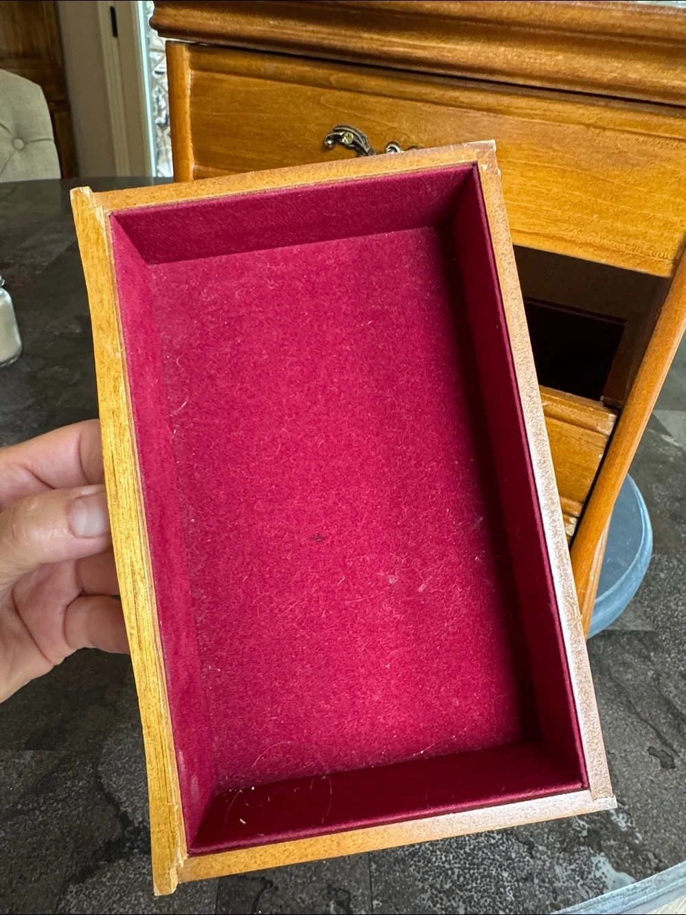 Vintage Wood Jewelry Box red lined